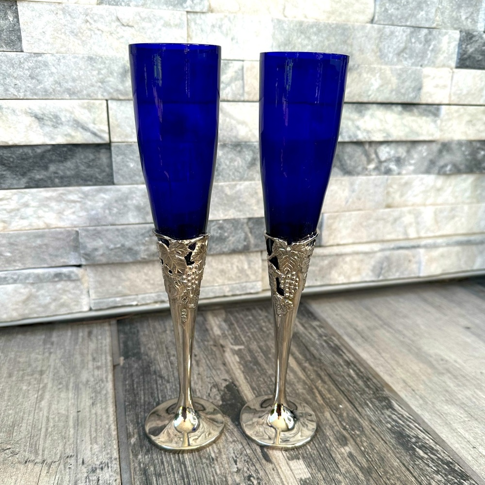 Silver plated cobalt blue fluted Champaign glasses Set of 2 - Picture 1 of 12